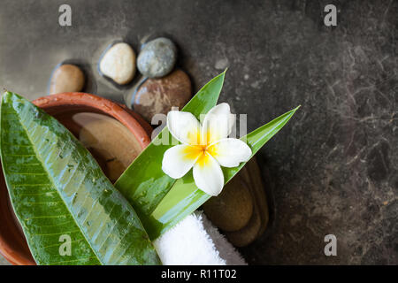 Top view of spa objects and stones for massage treatment on black background. Stock Photo