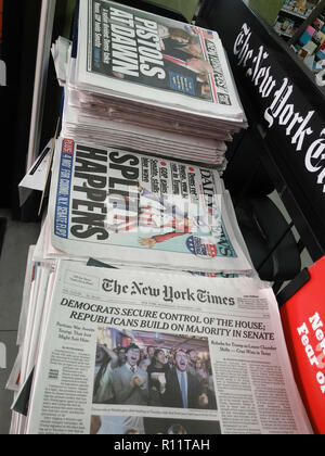 Headlines of New York newspapers report on Wednesday, November 7, 2018 about the previous days mid-term elections in which the Democrats gained control of the House but the Republicans gained more seats in the Senate.  (Â© Richard B. Levine) Stock Photo