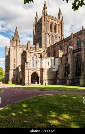 Herefordshire, UK. Hereford Cathedral dates mainly from the 14c, with early Norman foundations. The central tower was built around 1320 (NW view)