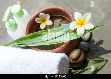 Spa or wellness flowers with tropical leaves, bowl of water, towel and cream tubes on dark background. Body care and spa concept Stock Photo