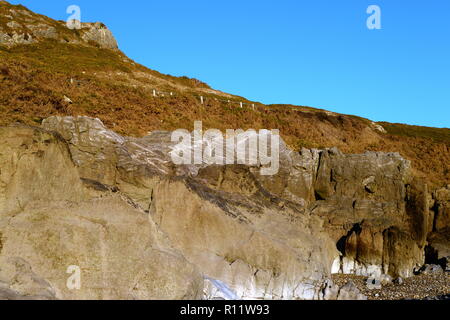 En echelons veins on fault line at Caswell bay Gower Wales Stock Photo