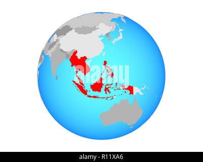 ASEAN memeber states on blue political globe. 3D illustration isolated on white background. Stock Photo