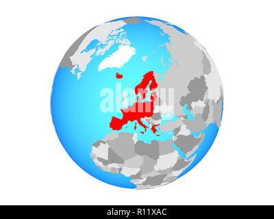 Schengen Area members on blue political globe. 3D illustration isolated on white background. Stock Photo