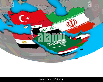 Middle East with embedded national flags on simple political 3D globe. 3D illustration. Stock Photo