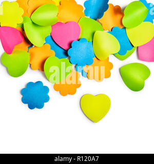 Sticky notes heart and flower shaped isolated on white background. Top view, flat lay Stock Photo