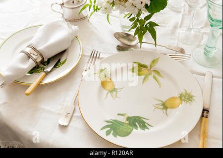 Place setting painted with pineapples Stock Photo