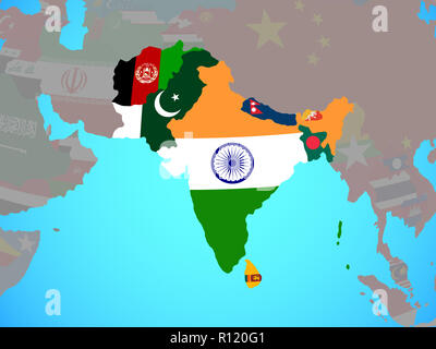 SAARC memeber states with national flags on blue political globe. 3D illustration. Stock Photo