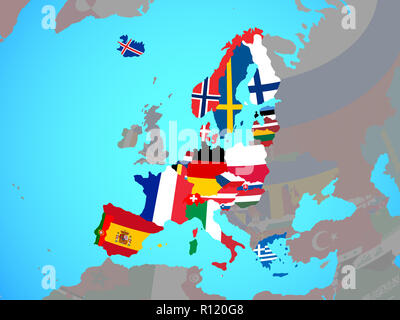Schengen Area members with national flags on blue political globe. 3D illustration. Stock Photo