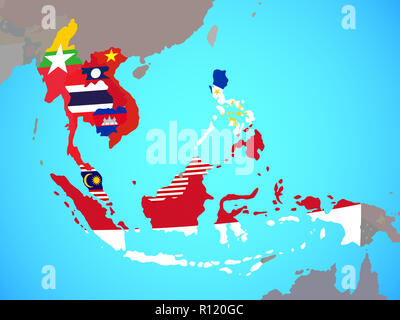 ASEAN memeber states with national flags on blue political globe. 3D illustration. Stock Photo