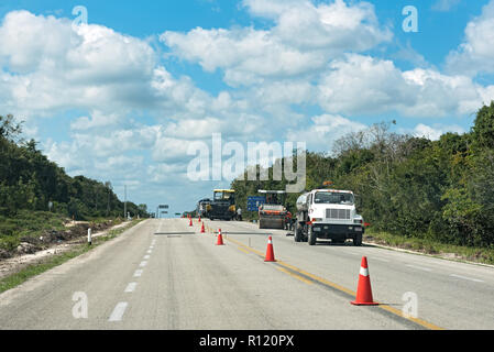 road works on the 307 road near bacalar, quintana roo, mexico. Stock Photo