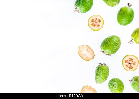 Tropical fruit, raw organic feijoa isolated on white background layout pattern copy space top view Stock Photo
