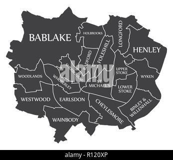 Coventry City Map England UK labelled black illustration Stock Vector