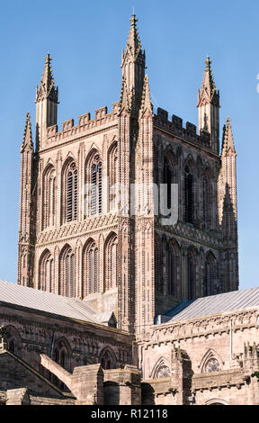 Herefordshire, UK. Hereford Cathedral dates mainly from the 14c, with early Norman foundations. The central tower was built around 1320 Stock Photo