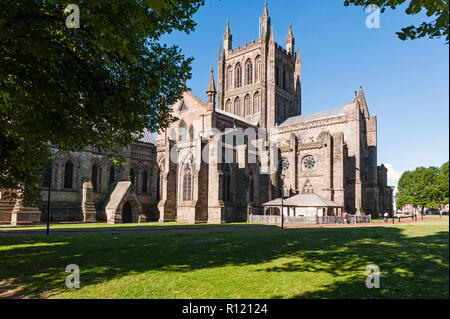 Herefordshire, UK. Hereford Cathedral dates mainly from the 14c, with early Norman foundations. The central tower was built around 1320 (NE view)