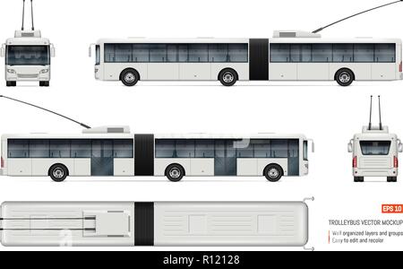 Articulated trolleybus vector mockup on white for vehicle branding, corporate identity. View from side, front, back, top Stock Vector