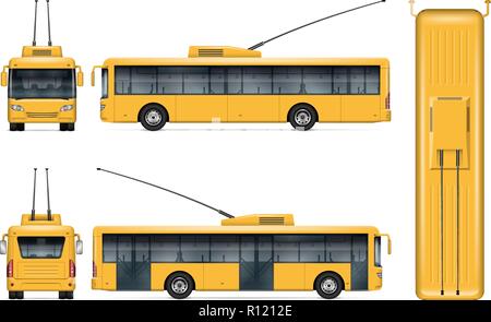 Yellow trolleybus vector mockup on white background for vehicle branding, corporate identity. View from side, front, back, top Stock Vector