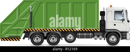 Realistic garbage truck vector mockup. Isolated template of dump lorry on white background for vehicle branding, corporate identity Stock Vector