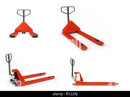 collection of Hand pallet trucks 3d render on white Stock Photo