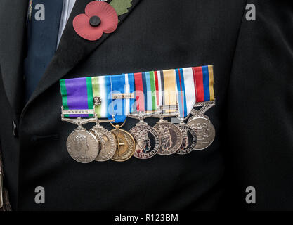 Detail of military medals worn by a war veteran during remembrance day in November. Stock Photo