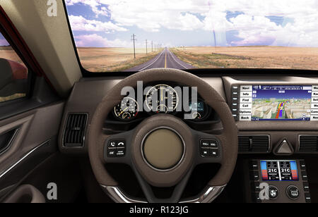 Front view dashboard of modern brand new car with road in the windows 3d illustration Stock Photo