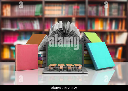 Mobile knowledge school or college education business office work and electronic media concept laptop or notebook with stack of books isolated in libr Stock Photo