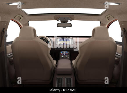 Front view dashboard of modern brand new car with windows 3d render Stock Photo