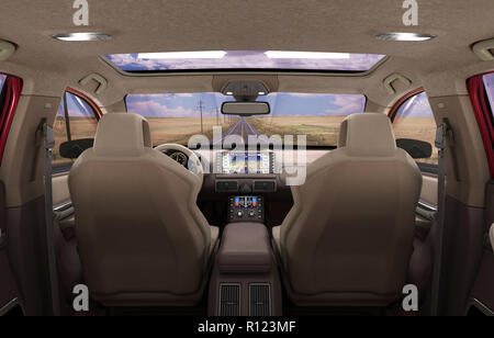 Front view dashboard of modern brand new car with road in the windows 3d render Stock Photo