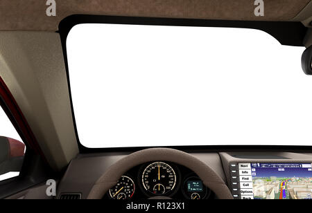 Front view dashboard of modern brand new car with road in the windows 3d render Stock Photo