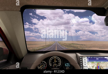 Front view dashboard of modern brand new car with road in the windows 3d illustration Stock Photo