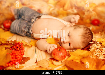 Autumn newborn. Autumn time scene. little  baby with red yellow maple leaves, berries, pumpkin, apples, harvest. Stock Photo