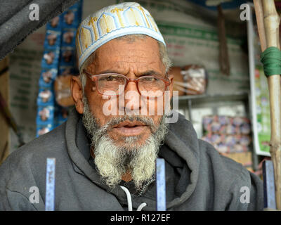 Elderly Indian Muslim man with a grey Islamic beard and eyeglasses wears an embroidered Islamic skull cap (taqiyah) and looks at the camera. Stock Photo