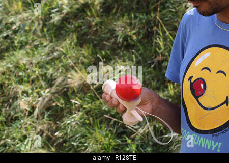 A young boy with a blue colored t-shirt holding a wooden kendama stick and playing with a red ball in a green grass lawn during a sunny summer Stock Photo