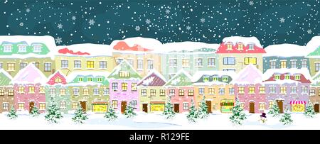 Winter city landscape, seamless. City street in winter. The houses are covered with snow. Snow on a city street. Snow-covered city. Stock Vector