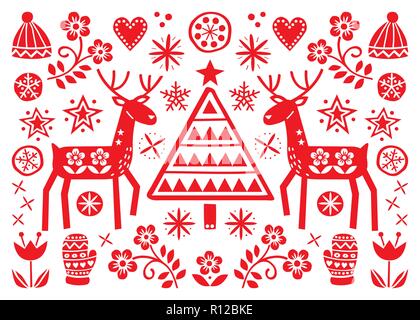 Christmas folk art greeting card with reindeer, flowers, Xmas tree and winter clothes pattern in red on white background - Merry Christmas decoration Stock Vector