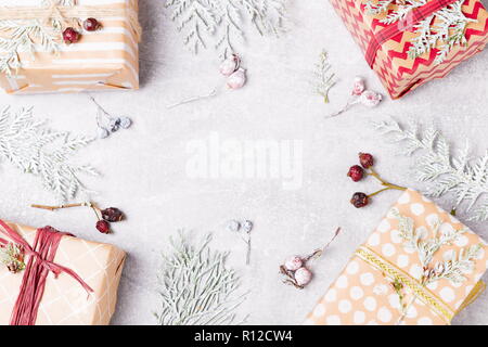 Christmas composition whith Christmas gift, thuja branches and r Stock Photo