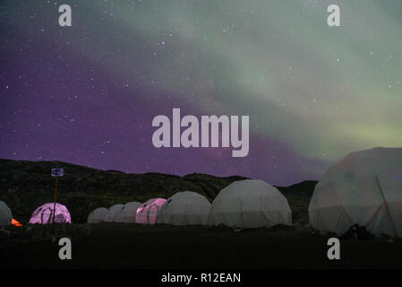 Aurora borealis over row of dome tents, Narsaq, Vestgronland, Greenland Stock Photo