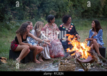 Friends at bonfire party in park Stock Photo