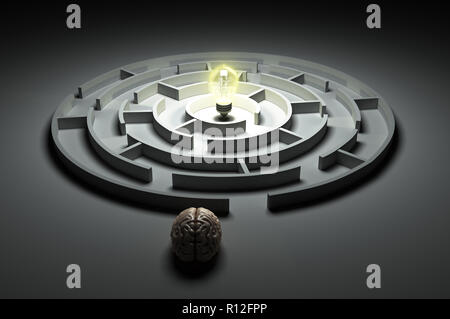 brain concept is the idea of the search at the entrance of the rownd labyrinth in the center of which a luminous bulb 3d render Stock Photo