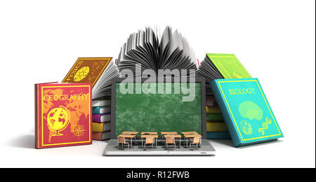 Mobile knowledge school or college education business office work and electronic media concept laptop or notebook with stack of books isolated on whit Stock Photo