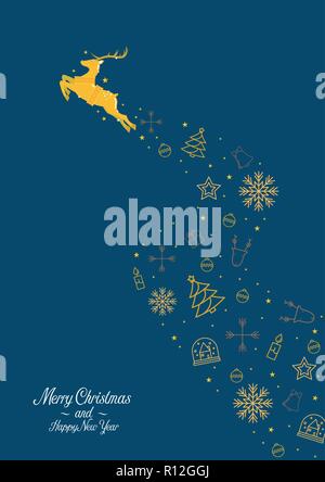 Golden reindeer with christmas elements greeting card. Vector illustration Stock Vector