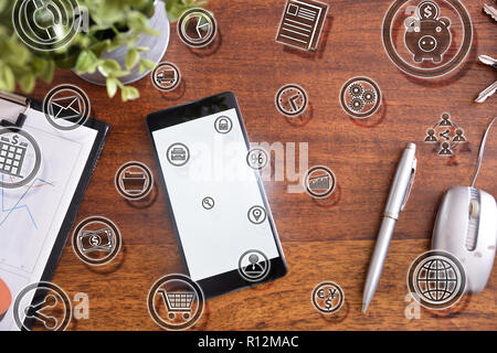 Graphic diagram of electronic commerce with icons. Concept of communication and internet in business. Stock Photo