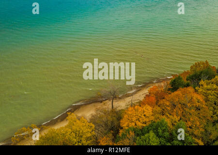 Great Lake Huron blue and Autumn, Lexington, Michigan USA Stock Photo