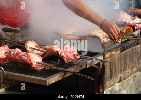 Appetizing delicious fried pieces of meat on skewers are roasted on a large grill in the open air. The chef prepares a barbecue. Stock Photo