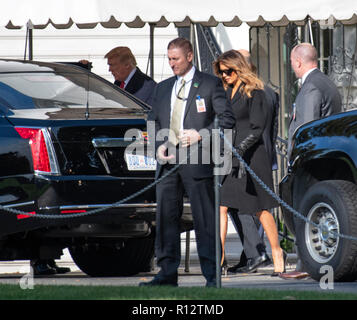 Washington, United States Of America. 08th Nov, 2018. United States President Donald J. Trump and First lady Melania Trump get into their car in the motorcade to travel to the Supreme Court of the US for the Investiture ceremony for Associate Justice of the Supreme Court Brett Kavanaugh in Washington, DC on Thursday, November 8, 2018. Credit: Ron Sachs/Pool via CNP | usage worldwide Credit: dpa/Alamy Live News Stock Photo