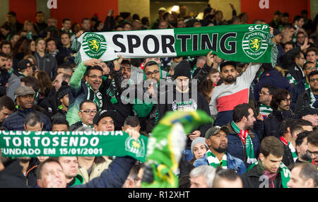 London, UK. 8th November, 2018. Travelling supporters during the UEFA Europa League group match between Arsenal and Sporting Clube de Portugal at the Emirates Stadium, London, England on 8 November 2018. Photo by Andrew Aleks / PRiME Media Images. . (Photograph May Only Be Used For Newspaper And/Or Magazine Editorial Purposes. www.football-dataco.com) Credit: Andrew Rowland/Alamy Live News Stock Photo