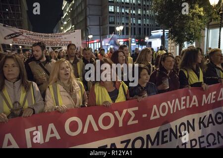 Athens, Greece. 8th Nov, 2018. Workers are seen holding a banner while shouting slogans during the protest.Unions of workers have demonstrated against the conversion of their contracts to an indefinite period. Credit: Nikolas Joao Kokovlis/SOPA Images/ZUMA Wire/Alamy Live News Stock Photo