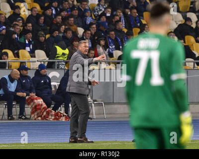 Kiev, Ukraine. 8th Nov, 2018. ALEKSANDR KHATSKEVICH, head coach of Dynamo Kyiv (C) reacts during the UEFA Europa League, second leg soccer match between Rennes and Dynamo Kyiv, at the Olimpiyskiy stadium in Kiev, Ukraine, on 08 November, 2018. Dynamo won the match with Rennes with a score of 3: 1. Credit: Serg Glovny/ZUMA Wire/Alamy Live News Stock Photo