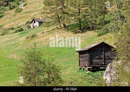 Zermatt, Valais, Switzerland - Old barns above Zermatt Stock Photo