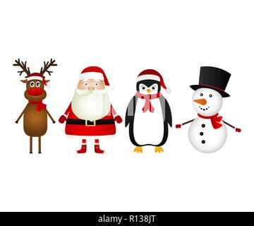 Santa claus with reindeer snowman and funny penguin Stock Vector