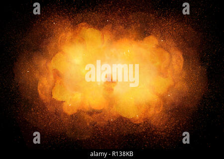 Realistic bomb explosion, orange color with sparks isolated on black background Stock Photo